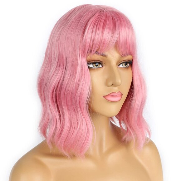 Pink Wig for Women Pastel Wavy Bob with Bangs Shoulder Length Synthetic Hair - Picture 2 of 5